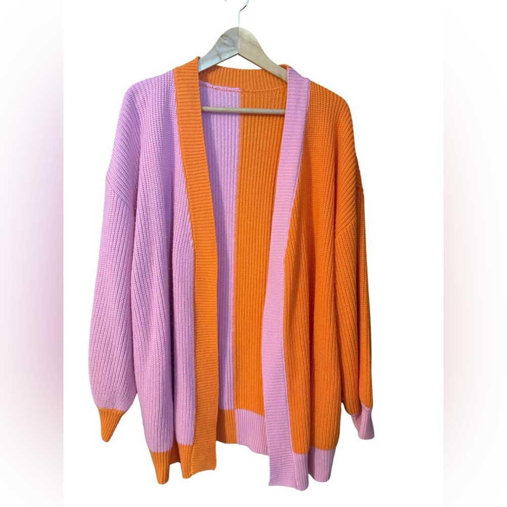 Colorblock Open-Front Knit Cardigan - Pink & Orange with Pockets XL